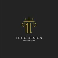 ml eerste met monoline pijler logo stijl, luxe monogram logo ontwerp voor wettelijk firma vector