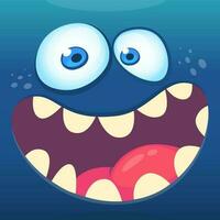 tekenfilm grappig monster gezicht. vector halloween blauw monster avatar met breed glimlach