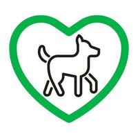 hond vriendelijk, huisdier toegestaan, teken liefde dier. hond favoriet. hoektand in groen goedgekeurd hart. vector illustratie