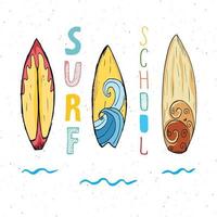 surfplanken hand getrokken schets t-shirt print ontwerp, surfschool typografie, zomer vintage retro badge sjabloon, vectorillustratie vector
