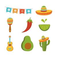 cinco de mayo gitaar cactus maraca citroen avocado mexicaanse iconen vector