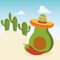 cinco de mayo avocado met hoed en peper in woestijn mexicaans vector