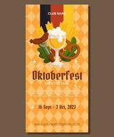 oktoberfeest Duitse bier festival verticaal banier sjabloon ontwerp. ontwerp met glas van bier, vork met gegrild worst, krakeling, tarwe en bladeren, Duitsland kleur vlag. licht oranje ruit patroon vector