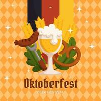 oktoberfeest Duitse bier festival plein sociaal media post sjabloon. ontwerp met glas van bier, vork met gegrild worst, krakeling, tarwe en bladeren, Duitsland kleur vlag. licht oranje ruit patroon vector