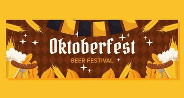 oktoberfeest Duitse bier festival horizontaal banier sjabloon. ontwerp met glas van bier, vorken met gegrild worst, tarwe en bladeren, zwart en geel guirlande. ruit patroon Aan terug vector