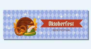 oktoberfeest Duitse bier festival horizontaal banier sjabloon. ontwerp met Tirools hoed, vork met gegrild worst, krakeling, houten loop, tarwe en bladeren. licht blauw ruit patroon vector