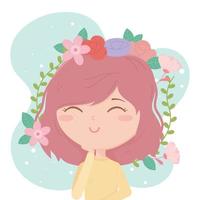 jonge vrouw brunette haar decoratie bloemen cartoon vector