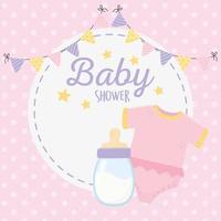 babyshower, roze bodysuit en melkfleswimpels rond label vector