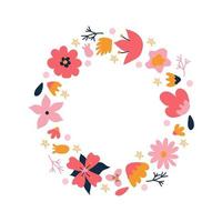 kleurrijke bloemenkrans. elegante compositie van planten in de vorm van een cirkel op een witte achtergrond. vectorillustratie in een vlakke stijl. ontwerp van uitnodigingen, trouwkaarten of wenskaarten vector