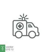 ambulance icoon, schets noodgeval auto, geneeskunde bestelwagen, zorg medisch steun, dun lijn web symbool Aan wit achtergrond. vector illustratie eps 10.