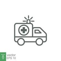 ambulance icoon, schets noodgeval auto, geneeskunde bestelwagen, zorg medisch steun, dun lijn web symbool Aan wit achtergrond. vector illustratie eps 10.