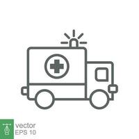 ambulance icoon, schets noodgeval auto, geneeskunde bestelwagen, zorg medisch steun, dun lijn web symbool Aan wit achtergrond. vector illustratie eps 10.