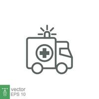 ambulance icoon, schets noodgeval auto, geneeskunde bestelwagen, zorg medisch steun, dun lijn web symbool Aan wit achtergrond. vector illustratie eps 10.