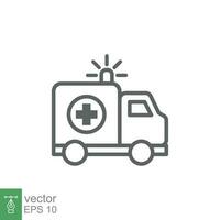 ambulance icoon, schets noodgeval auto, geneeskunde bestelwagen, zorg medisch steun, dun lijn web symbool Aan wit achtergrond. vector illustratie eps 10.