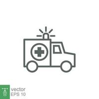 ambulance icoon, schets noodgeval auto, geneeskunde bestelwagen, zorg medisch steun, dun lijn web symbool Aan wit achtergrond. vector illustratie eps 10.