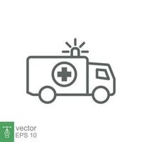 ambulance icoon, schets noodgeval auto, geneeskunde bestelwagen, zorg medisch steun, dun lijn web symbool Aan wit achtergrond. vector illustratie eps 10.