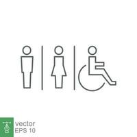 mannelijk, vrouw, handicap toilet teken icoon. wc, unisex badkamer concept. vector illustratie geïsoleerd Aan wit achtergrond. eps 10.