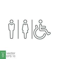 mannelijk, vrouw, handicap toilet teken icoon. wc, unisex badkamer concept. vector illustratie geïsoleerd Aan wit achtergrond. eps 10.