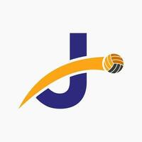 volleybal logo Aan brief j met in beweging volleybal bal icoon. volley bal symbool vector
