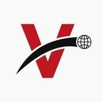 brief v logo concept met globaal wereld icoon vector sjabloon