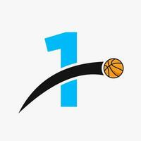 basketbal logo Aan brief 1 met in beweging basketbal icoon. mand bal logotype symbool vector