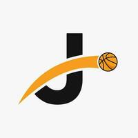 basketbal logo Aan brief j met in beweging basketbal icoon. mand bal logotype symbool vector