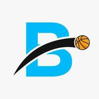 basketbal logo Aan brief b met in beweging basketbal icoon. mand bal logotype symbool vector