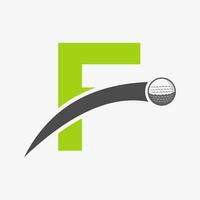 golf logo Aan brief f concept met in beweging golf bal icoon. hockey sport logotype symbool vector