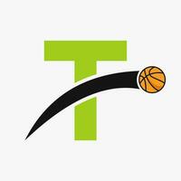 basketbal logo Aan brief t met in beweging basketbal icoon. mand bal logotype symbool vector
