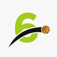 basketbal logo Aan brief 6 met in beweging basketbal icoon. mand bal logotype symbool vector