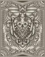 illustratie van viking schedel hoofd met wijnoogst gravure ornament in terug perfect voor uw bedrijf en handelswaar vector