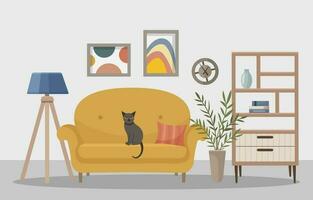 knus leven kamer met geel sofa en boekenkast. de kat is zittend Aan de bank. huis meubilair. leven kamer interieur met bank, schilderijen, lamp, huis bloem, boekenkast. vector. vector