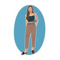 mode model- staan. geïllustreerd vrouw portret Aan een blauw achtergrond. meisje met een modieus handtas. modieus illustratie. mode model- poseren. mooi dame staand alleen. vector