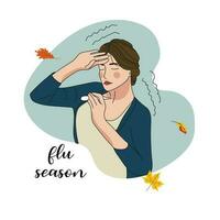 belettering griep seizoen en illustratie van ziek vrouw met een thermometer - ziek met infectie, allergie, griep of koorts. influenza. vangst een koud. herfst bladeren. vector