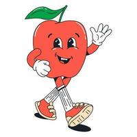 geïsoleerd groovy karakter wandelen rood appel in handschoenen in vlak retro klassiek tekenfilm stijl van Jaren 60 jaren 70 Aan wit achtergrond. illustratie voor uw ontwerp, afdrukken, kaart, poster, stickers vector