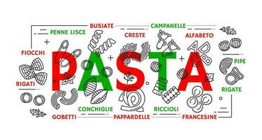 pasta types banier van Italiaans keuken voedsel in lijn vector