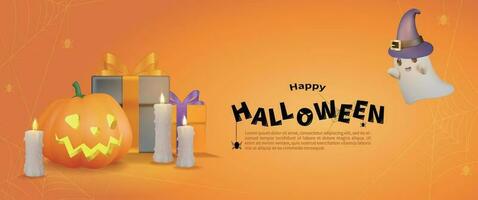 halloween oranje banier met spinnenwebben, geesten, kaarsen en meer in de achtergrond vector