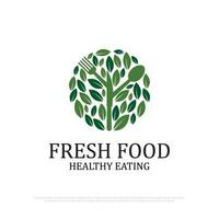 biologisch voedsel logo ontwerp illustratie, gezond aan het eten, groen en vers voedsel logo ontwerp vector