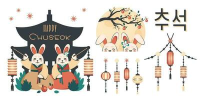 dankzegging dag in Korea. gelukkig chuseok. Chinese midden herfst festival. Koreaans kleurrijk groet kaart voor vieringen in Azië. schattig konijn, maan, boom.vector tekenfilm illustratie vector