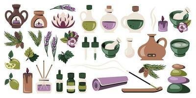 aromatherapie set. flessen met essentieel oliën, aromatherapie verdeler, lamp, citrus, pijnboom oliën, lavendel, lotus bloem, wierook stokken. spa, lichaam zorg, natuur, schoonheid concept. vector illustratie