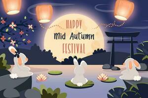 gelukkig midden herfst festival. schattig konijnen zitten, op zoek Bij maan, Chinese lantaarns. groet kaart met tekst voor mooncake festival, Aziatisch traditioneel vakantie. vector tekenfilm illustratie