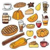 reeks van herfst voedsel en drankje. pompoen, taart, kaastaart, koekje, citroen scherp, kop van thee, koffie latte , kruiden, kaneel, anijs, jam, Peer en appel. verzameling van desserts vector