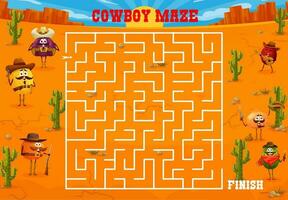 western labyrint doolhof spel, tekenfilm cowboy fruit vector