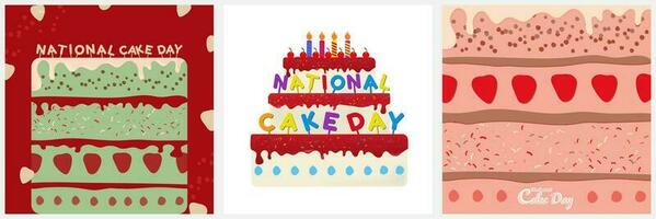 reeks van nationaal taart dag affiches. schattig roze en rood cakes met nationaal taart dag belettering taart toppers. gevierd Aan november 26. minimalistisch. vector illustratie. eps 10.