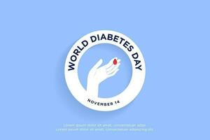 gemakkelijk wereld diabetes dag banier icoon van hand- met bloed laten vallen voor glucose testen, gevierd Aan november 14. diabetes dag embleem Aan blauw achtergrond met kopiëren ruimte. vector illustratie. eps 10.