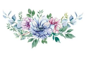 anemoon bloemen waterverf illustratie. blauw, roze en Purper anemonen hand- geschilderd geïsoleerd Aan wit achtergrond. perfect voor bruiloft uitnodigingen, bruids douche en bloemen groet kaarten vector