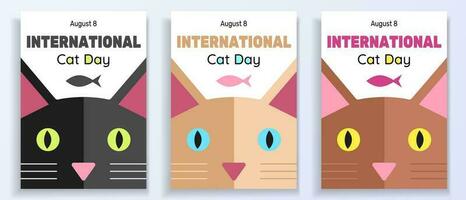Internationale kat dag poster reeks van drie verticaal posters met kat tekeningen in een vlak stijl, groet met Internationale kat dag, augustus 8. vector