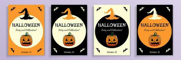 halloween partij poster set, vier halloween poster uitnodigingen, vector groet, kostuum partij en viering aankondigen met jack O lantaarn en heks hoed.