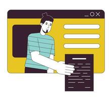 freelancer geven document vlak lijn concept vector plek illustratie. Mens Aan web bladzijde mockup achtergrond 2d tekenfilm schets karakter Aan wit voor web ui ontwerp. bewerkbare geïsoleerd kleur held beeld