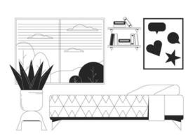 leerling slaapkamer bw vector plek illustratie. tiener meisje bed met hedendaags decor 2d tekenfilm vlak lijn monochromatisch tafereel voor web ui ontwerp. kamer interieur venster bewerkbare geïsoleerd schets held beeld